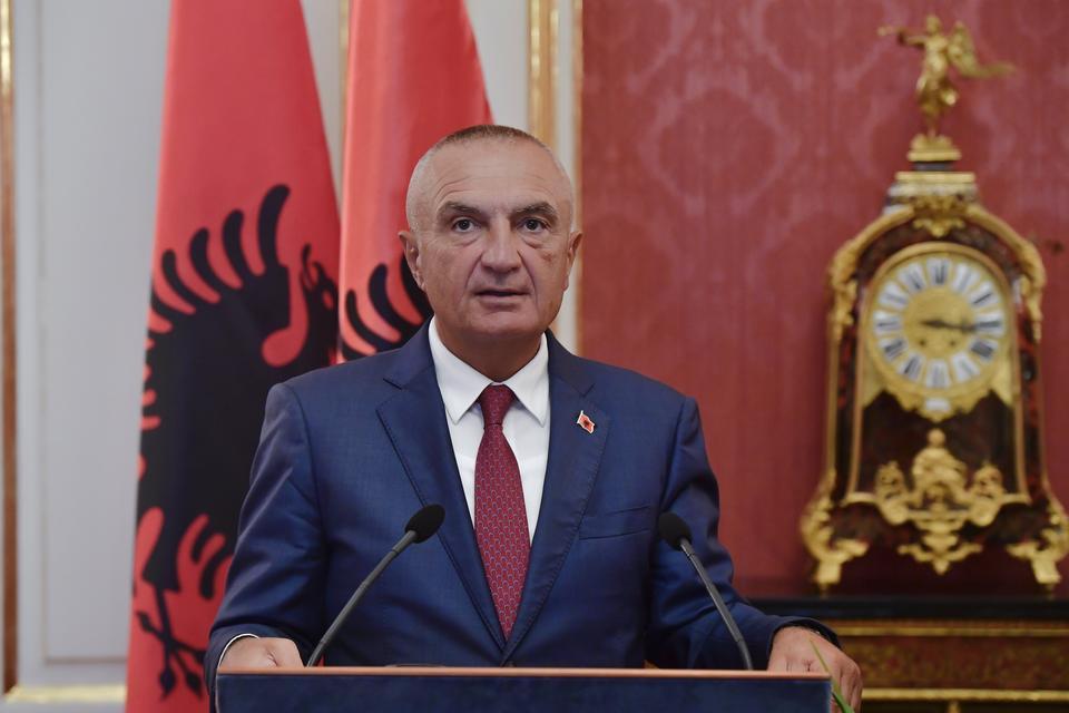 epa09323925 Albanian President Ilir Meta holds a press conference after a meeting with Hungarian President Janos Ader in the presidential Alexander Palace in Budapest, Hungary, 05 July 2021. Meta is on an official visit to Hungary.  EPA-EFE/SZILARD KOSZTICSAK HUNGARY OUT