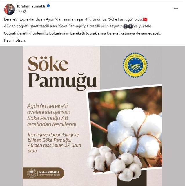 BAKAN YUMAKLI'DAN SÖKE PAMUĞU PAYLAŞIMI