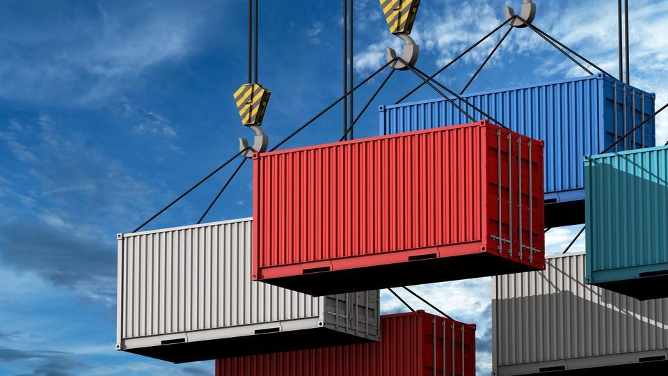 Crane hook with a cargo container for text, 3d rendering