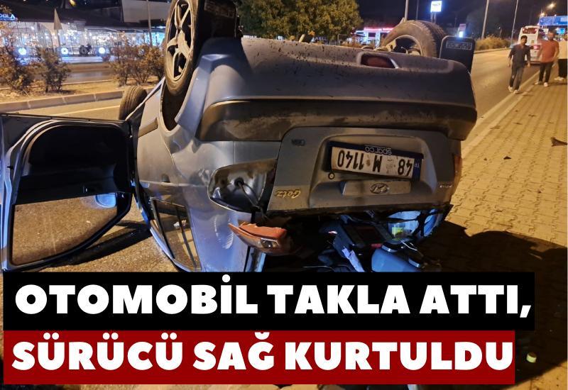 Direğe çarpan otomobil takla attı, sürücü kazayı yara almadan atlattı